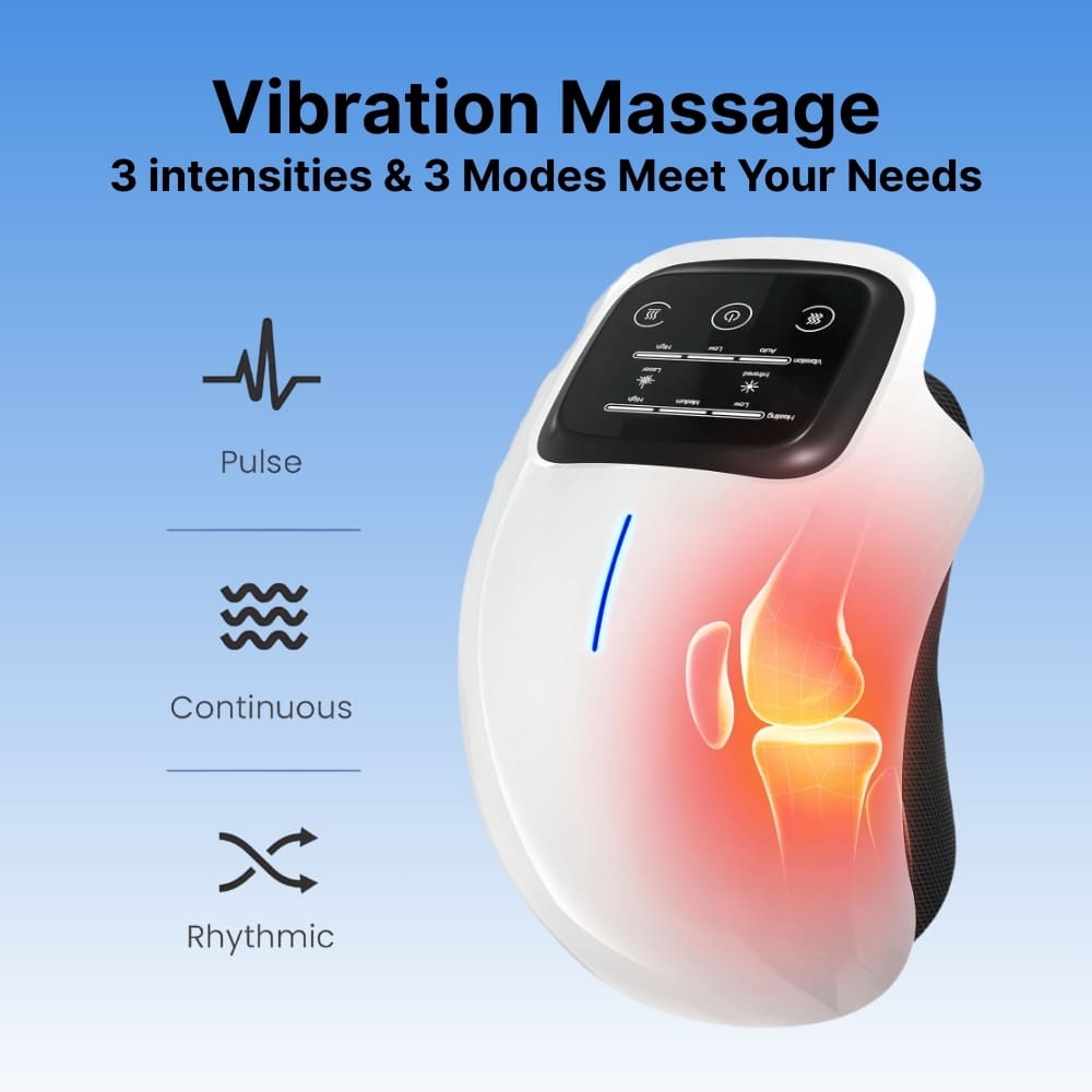 Vibration massage device with control panel and modes on a blue background