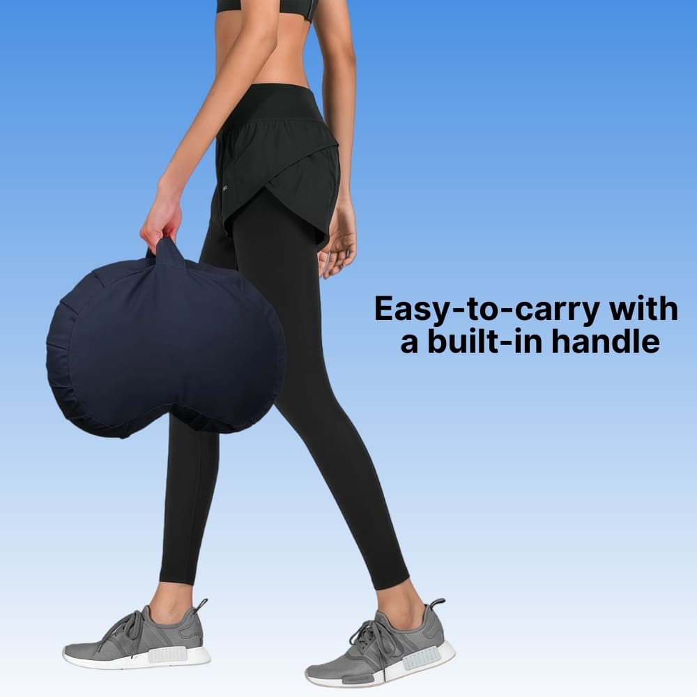 Person holding a navy blue bag with text 'Easy-to-carry with a built-in handle' on a light blue background