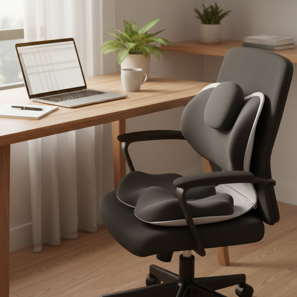 Byeache gray ergonomic lumbar & seat cushion on office chair, home desk