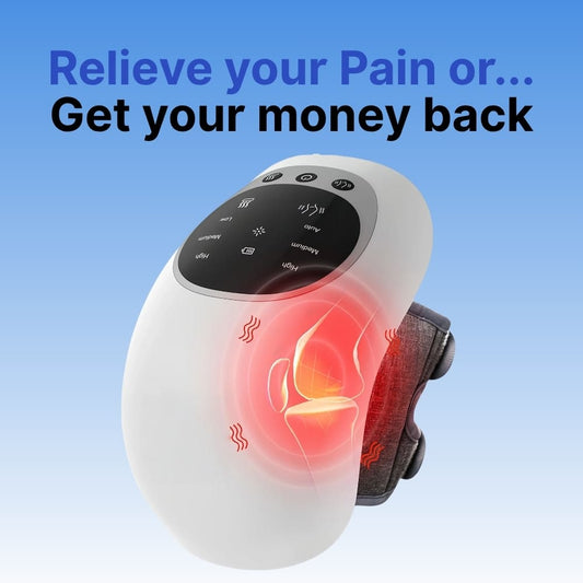 White electronic device with a digital display and heating element on a blue background, accompanied by text.