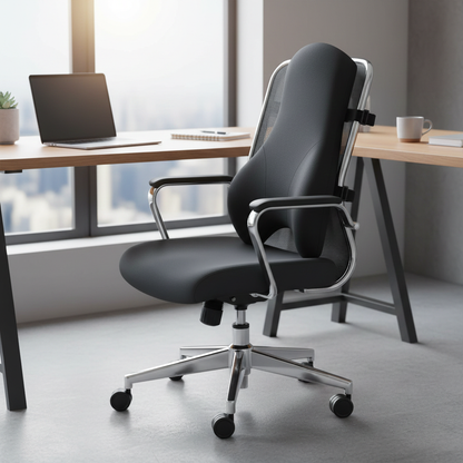 Byeache black memory foam lumbar pillow on ergonomic office chair in modern workspace