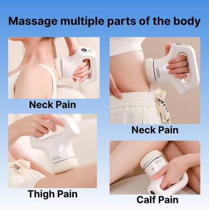 Massage device being used on different parts of the body with text indicating pain relief.