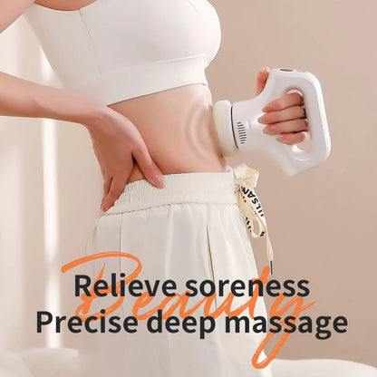 Person using a handheld massage device on their abdomen with text promoting relief from soreness and precise deep massage.