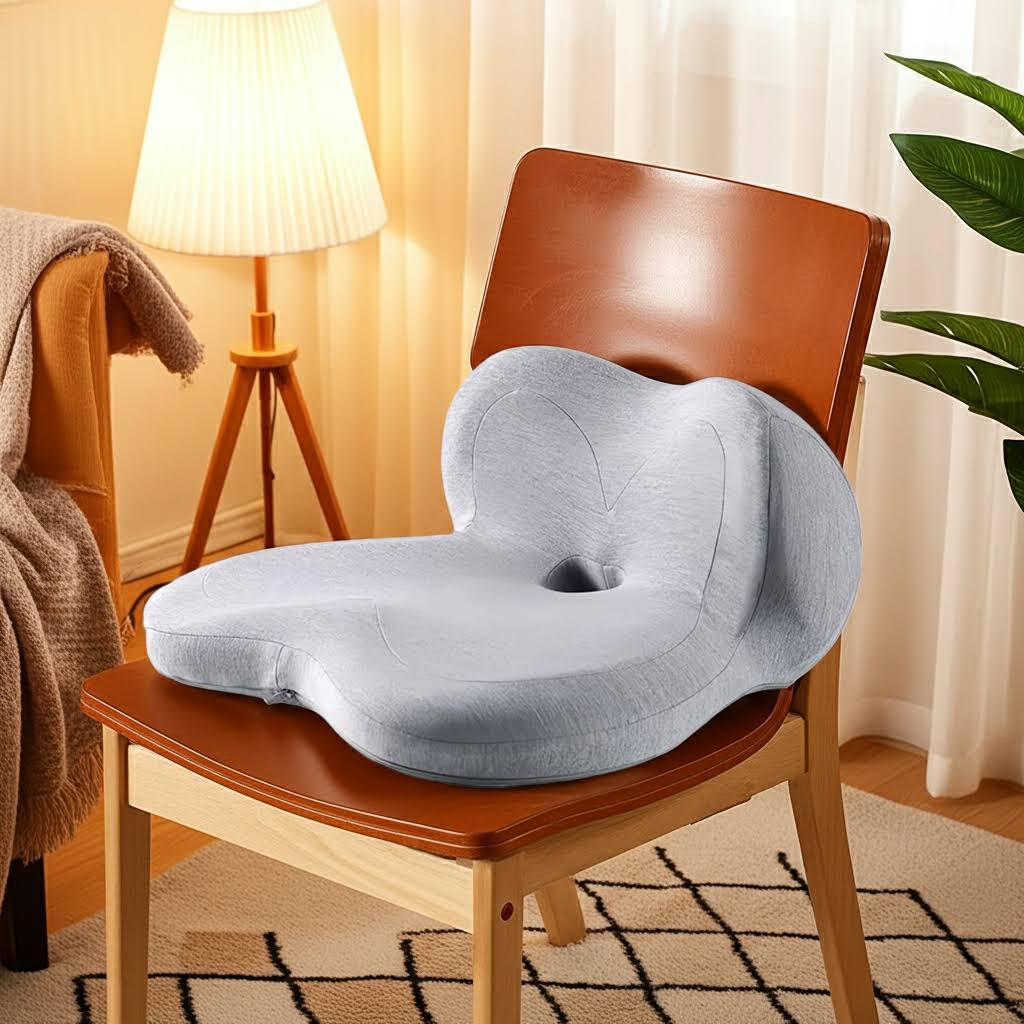 Byeache™ light blue memory foam seat cushion on wooden chair in cozy living area