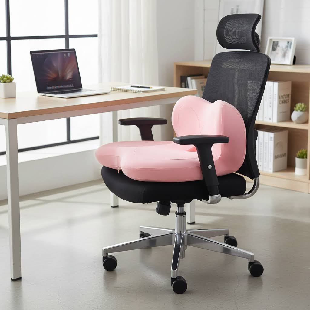 Byeache™ pink memory foam seat cushion on black office chair in modern workspace
