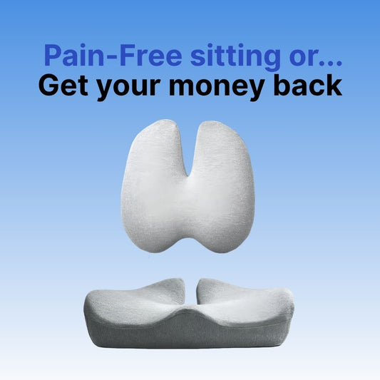 Gray ergonomic seat cushion with a blue background and text about pain-free sitting or money-back guarantee.