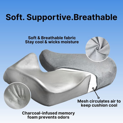 Gray neck pillow with text highlighting features on a blue background