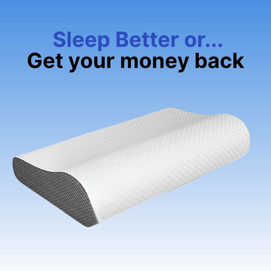 Ergonomic pillow with text 'Sleep Better or... Get your money back' on a blue background