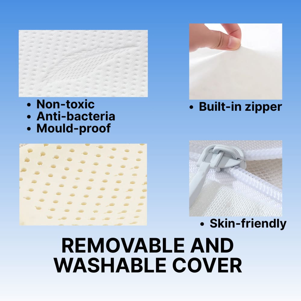 Byeache™ pillow with removable washable cover featuring non-toxic anti-bacterial properties