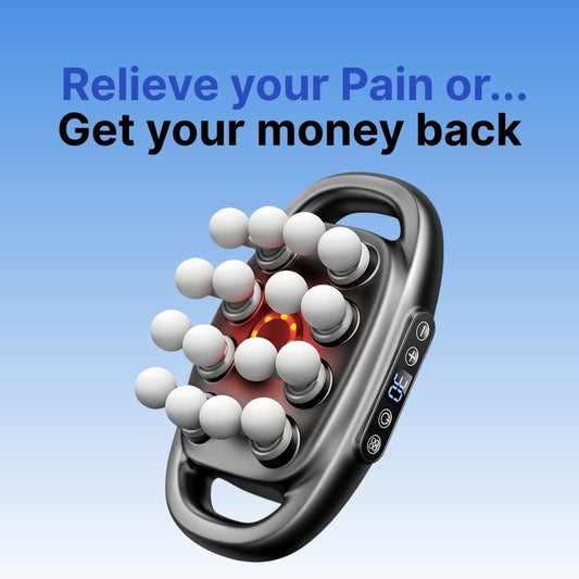 Handheld massager with text 'Relieve your Pain or... Get your money back' on a blue background