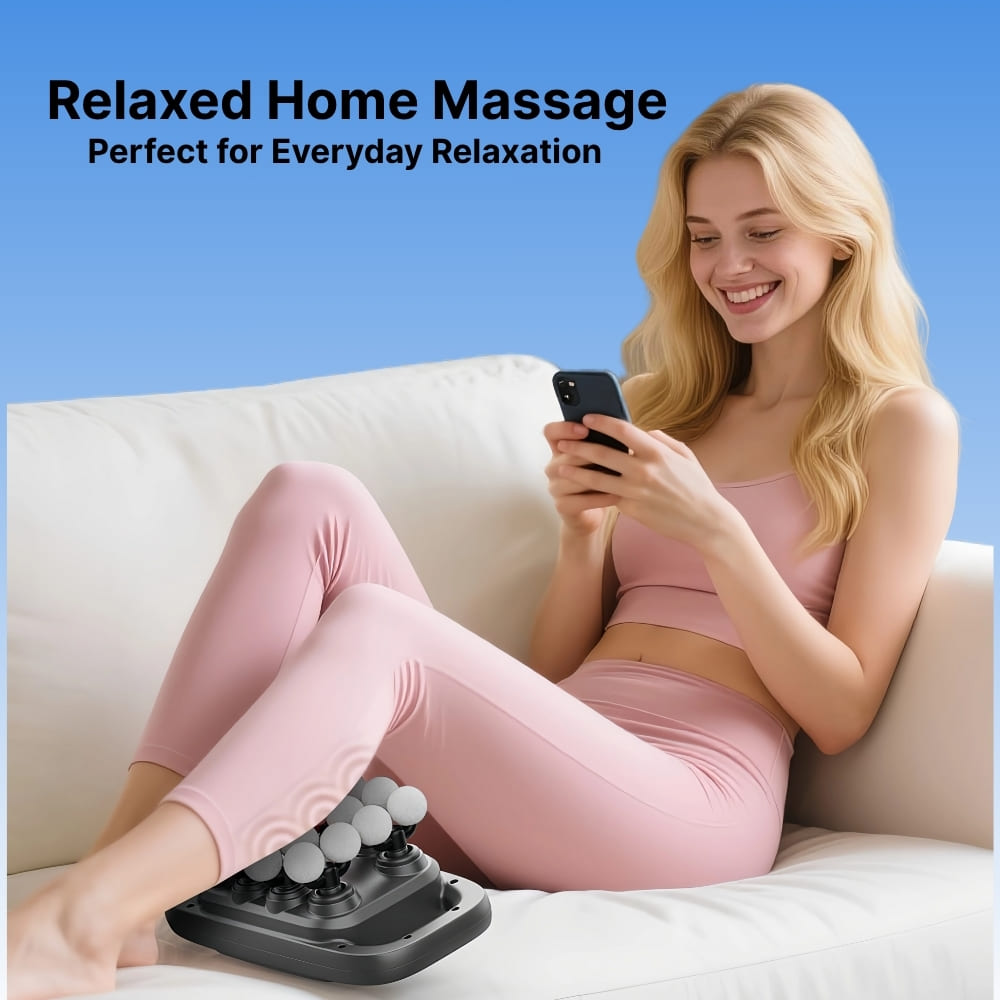 Woman using a handheld massager on a couch with text 'Relaxed Home Massage Perfect for Everyday Relaxation'.