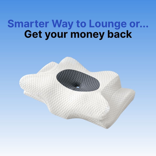 White pillow with honeycomb pattern on a blue background with text.