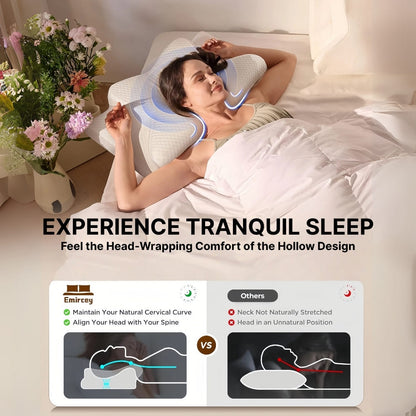 Woman lying in bed with a neck pillow, surrounded by flowers, with text about tranquil sleep and product features.