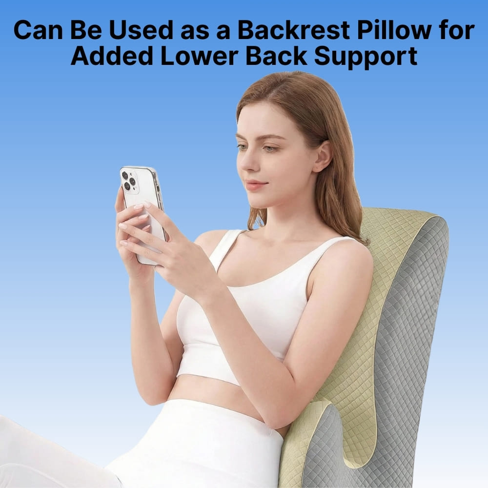 Woman using a backrest pillow for added lower back support with a blue background