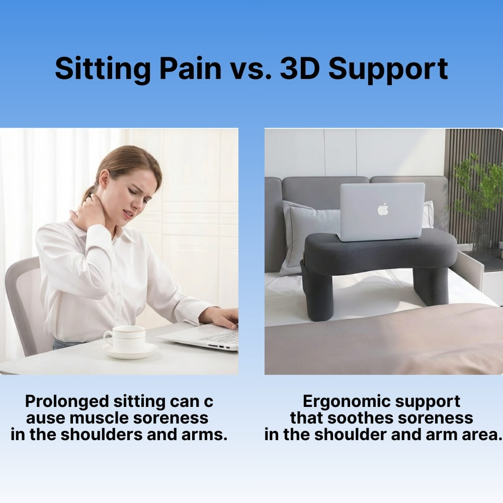 Comparison of sitting pain with ergonomic 3D support on a blue background
