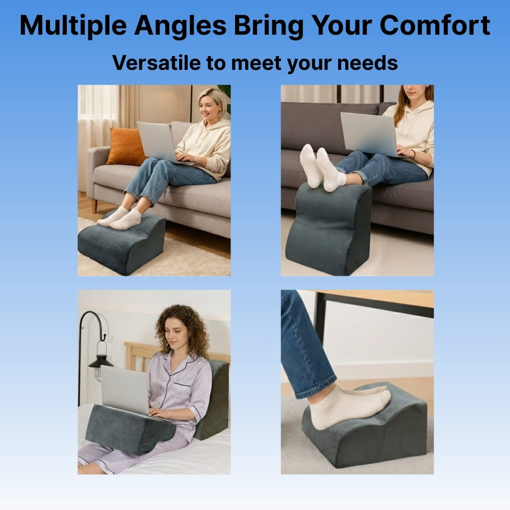 Collage of a footrest being used in various settings with people using laptops.