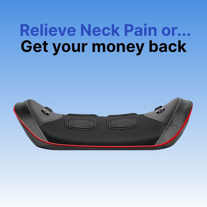 Neck pain relief device with promotional text on a blue background