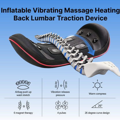 Inflatable vibrating massage heating back lumbar traction device with features listed on a blue background