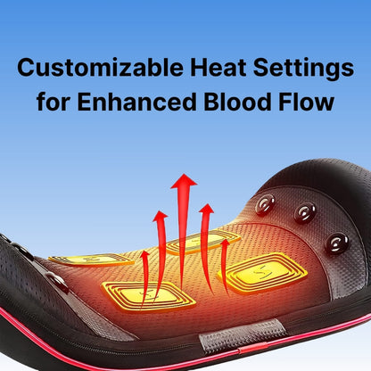 Product with customizable heat settings for enhanced blood flow on a blue background