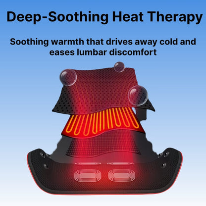 Back heating pad with red glow on a blue background, labeled 'Deep-Soothing Heat Therapy'.