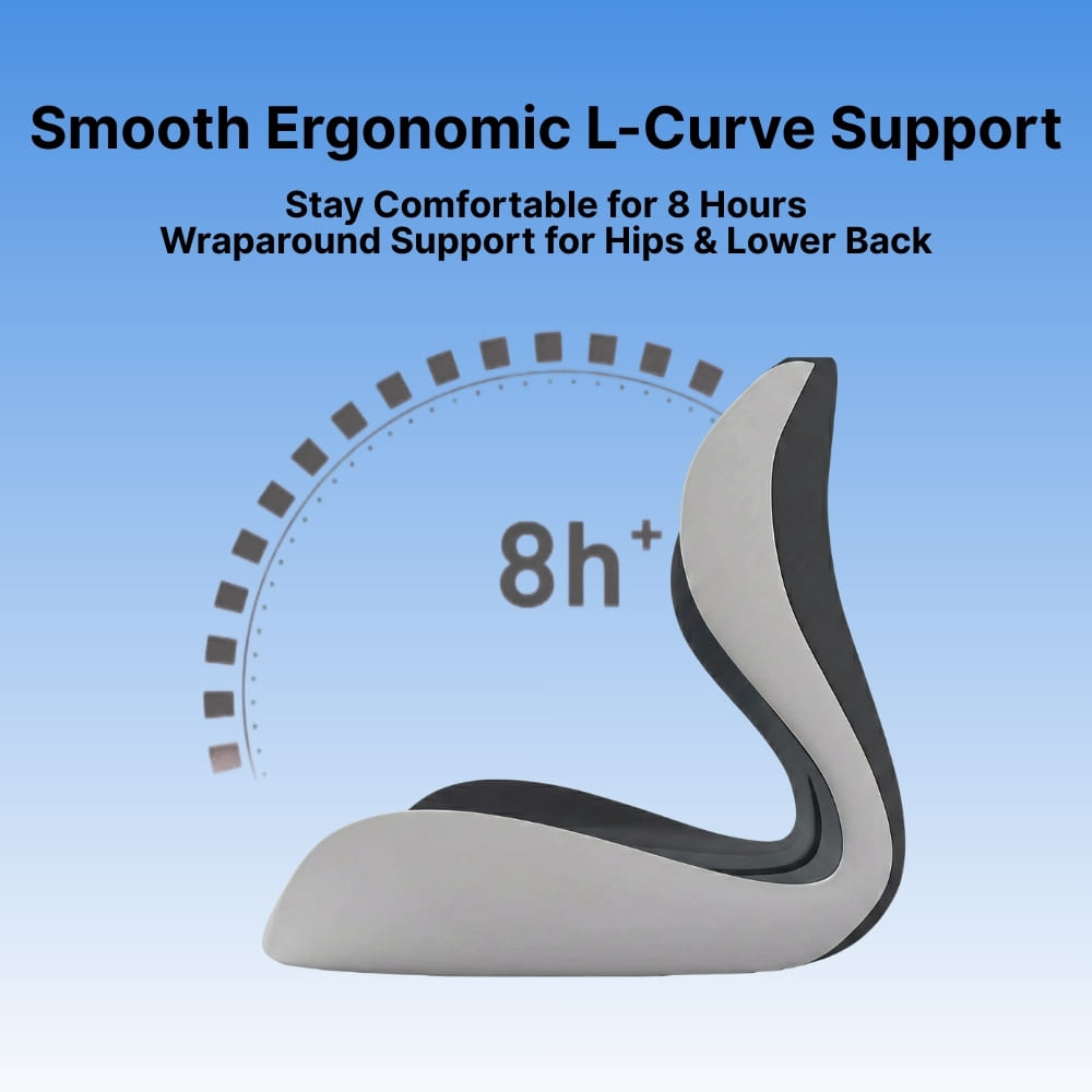 Ergonomic L-Curve support product with text on a blue background