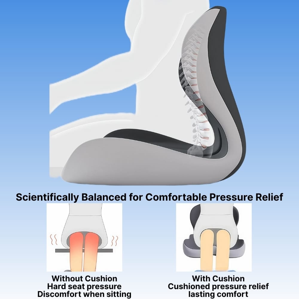 Illustration of a cushioned seat design with text highlighting comfort and pressure relief.