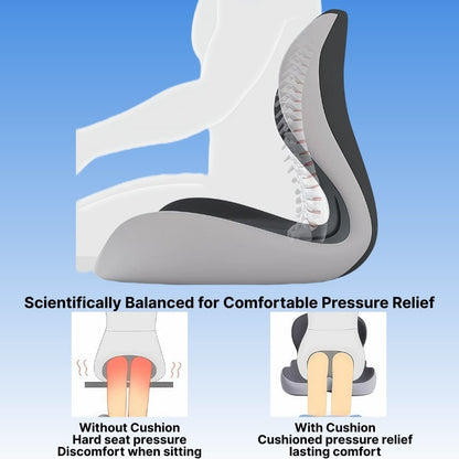 Illustration of a cushioned seat design with text highlighting comfort and pressure relief.