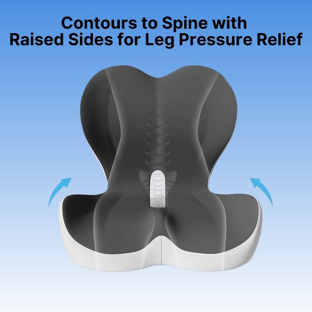 Seat cushion with spine contour design on a blue background