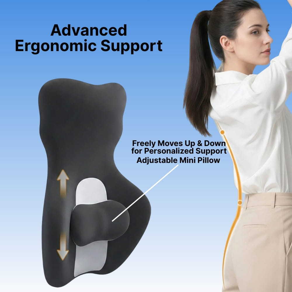 Ergonomic support pillow with a woman demonstrating its use against a blue background