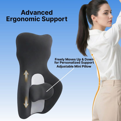 Ergonomic support pillow with a woman demonstrating its use against a blue background