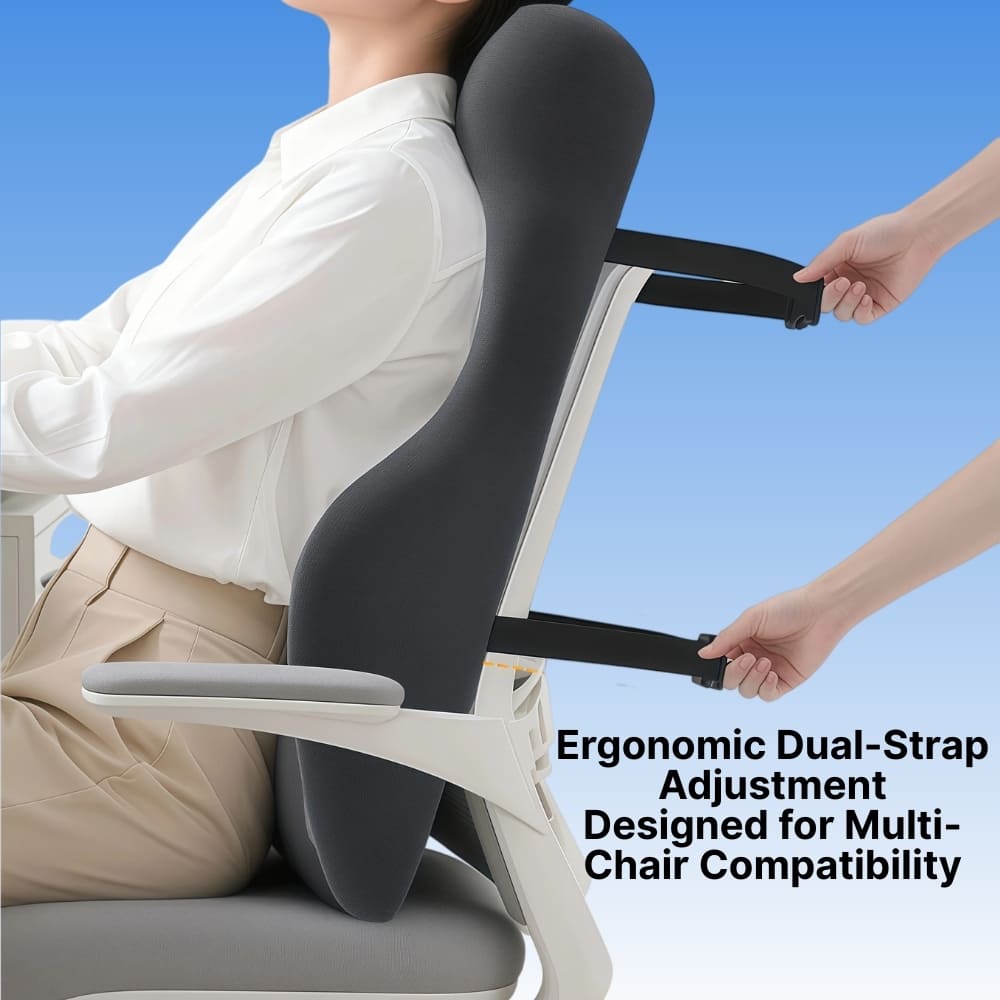 Ergonomic dual-strap adjustment system on a chair with a person using it against a blue background.