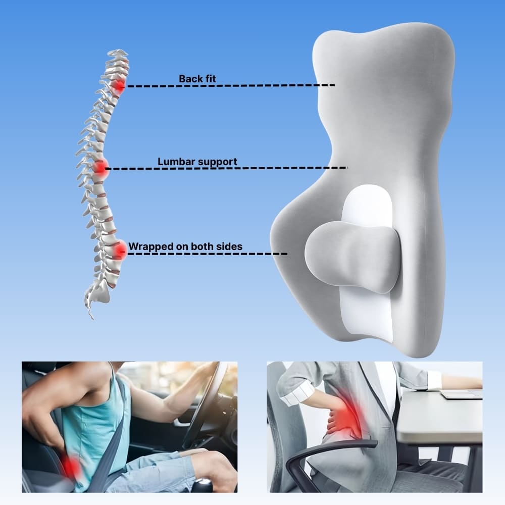 Back support pillow with spinal diagram and usage examples on a blue background