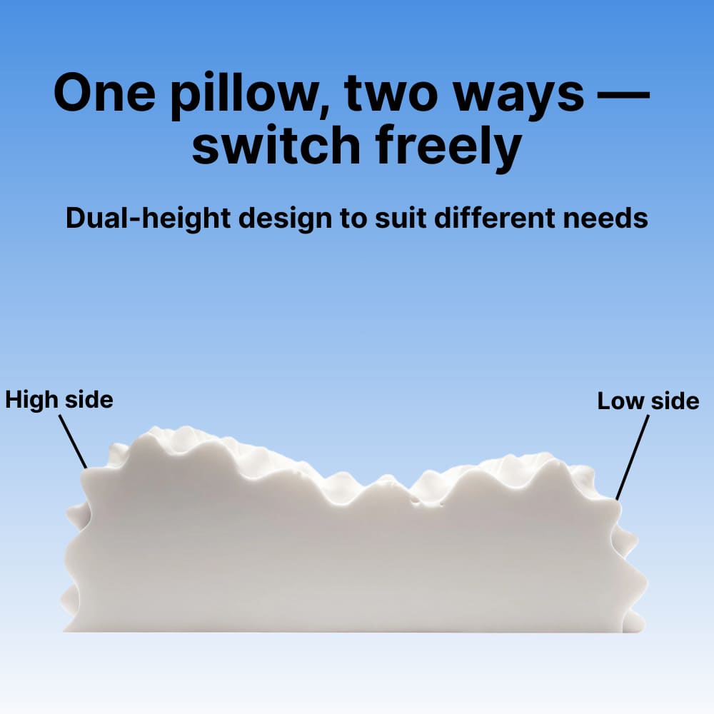 ByeAche™ dual-height cervical pillow with high and low sides