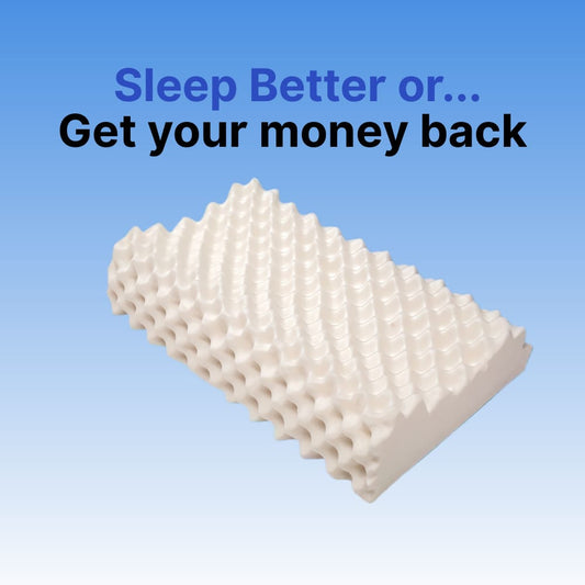Foam wedge pillow with text 'Sleep Better or... Get your money back' on a blue background