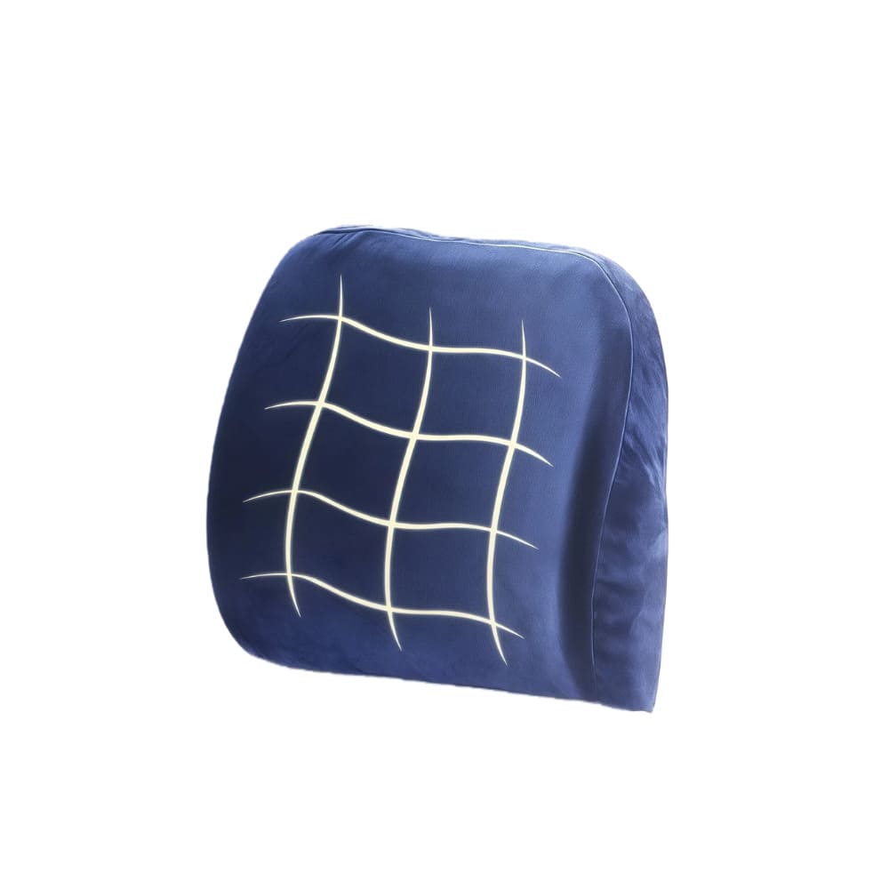Dark blue ByeAche natural latex lumbar support cushion with grid pattern