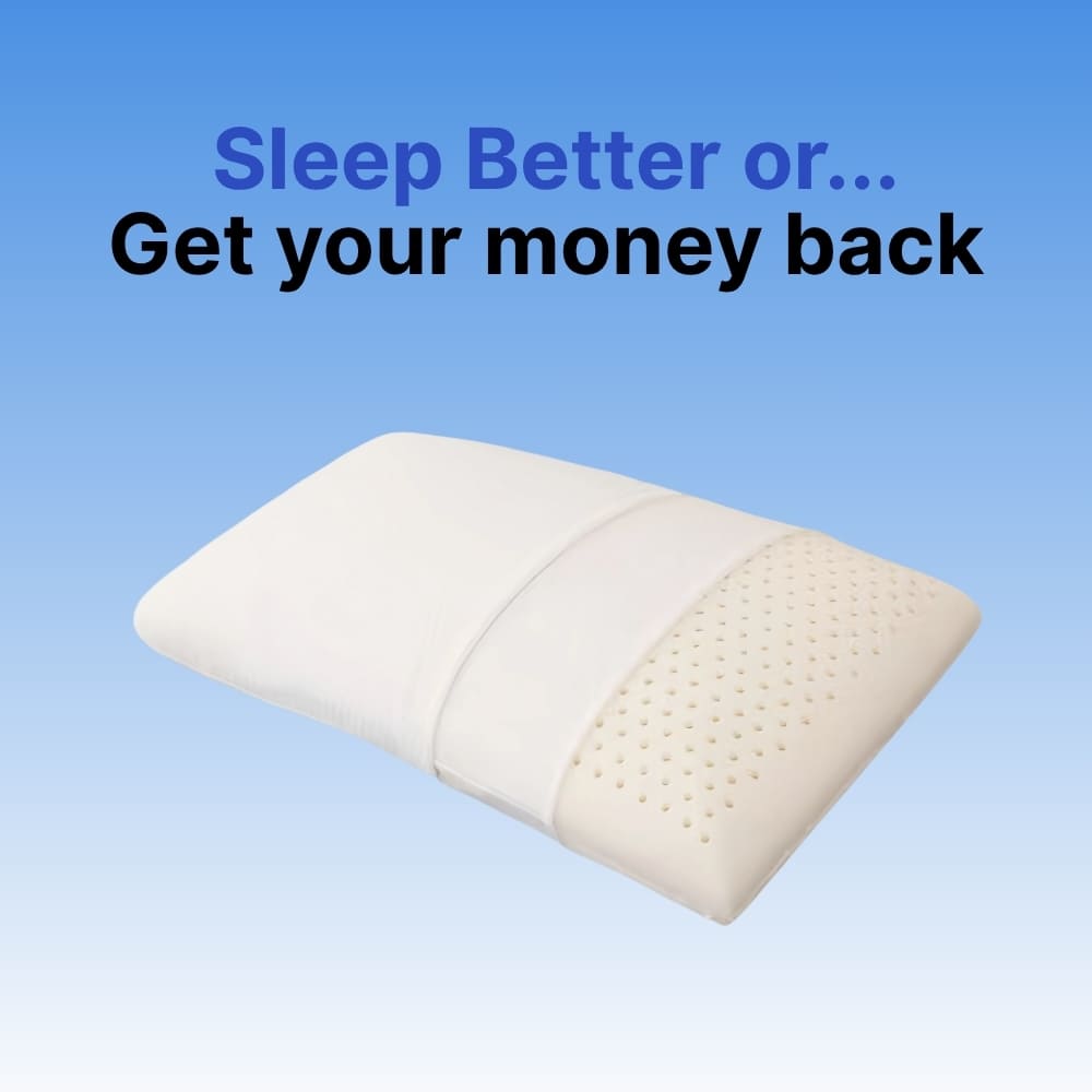 Memory foam pillow with text 'Sleep Better or... Get your money back' on a blue background