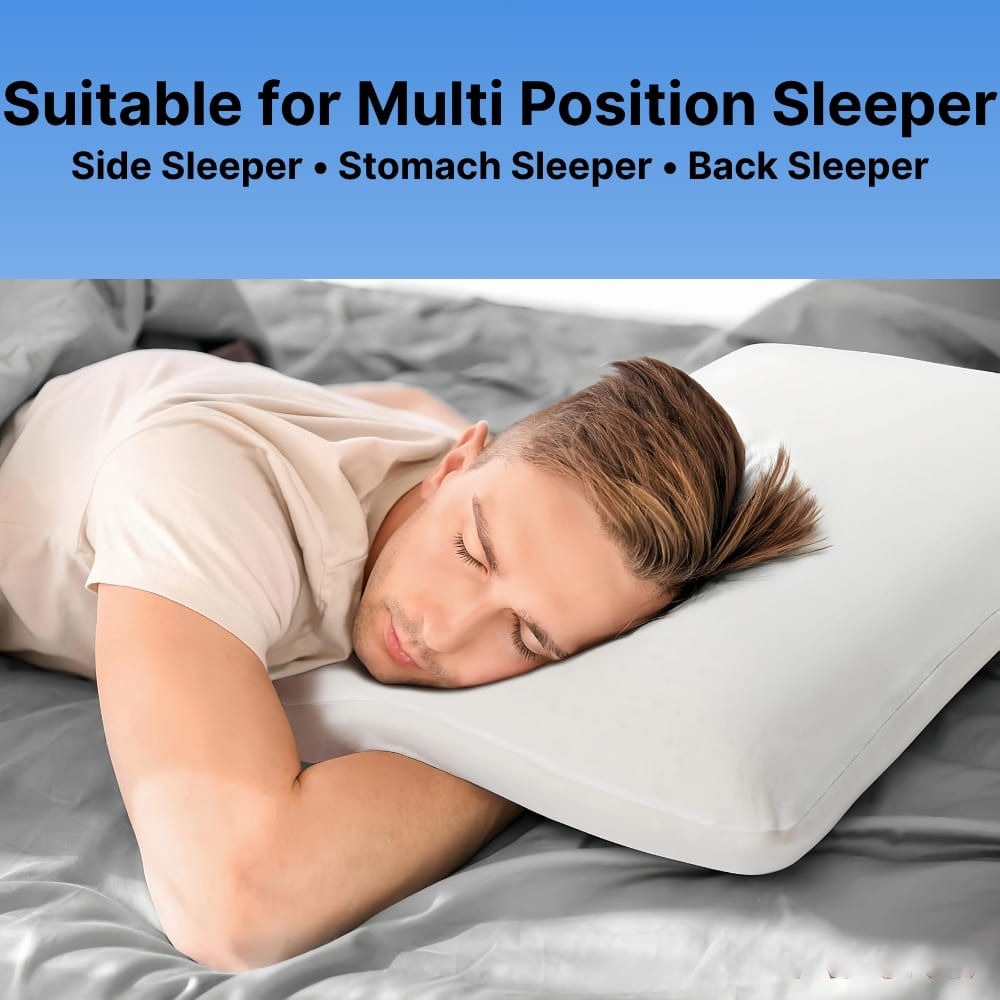 Person sleeping on a pillow with text indicating suitability for multi-position sleepers.
