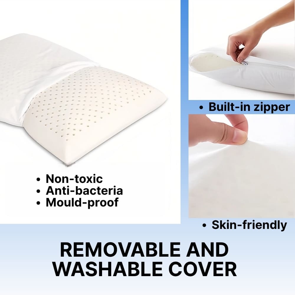 White pillow with a built-in zipper, labeled as non-toxic, anti-bacterial, mould-proof, and skin-friendly.
