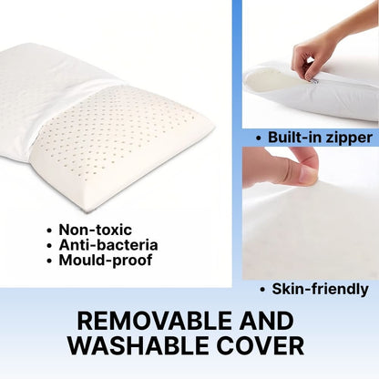 White pillow with a built-in zipper, labeled as non-toxic, anti-bacterial, mould-proof, and skin-friendly.