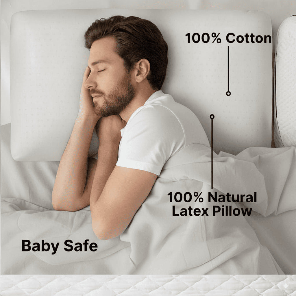 Man sleeping on a bed with a 100% natural latex pillow labeled as baby safe.