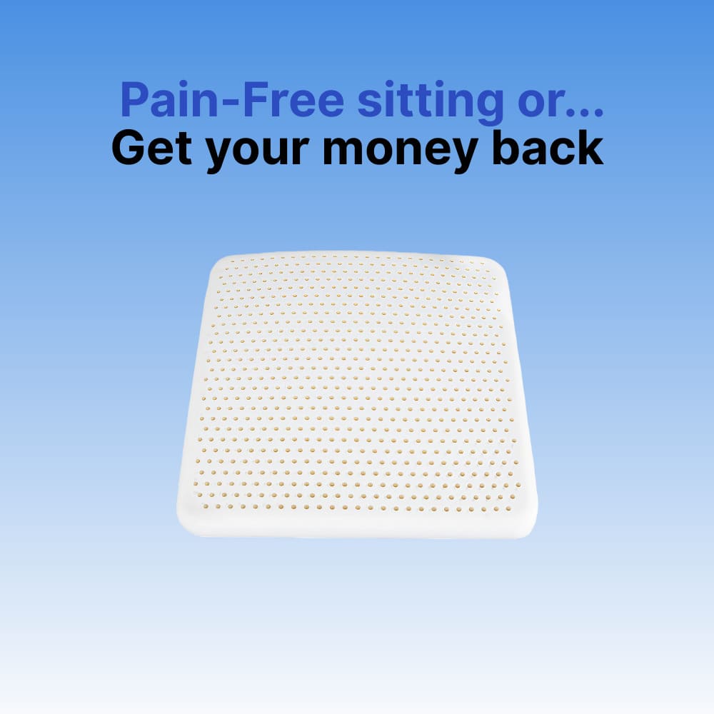 White seat cushion on a blue background with text about pain relief and money-back guarantee.