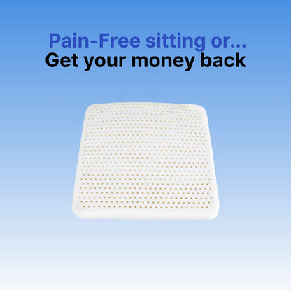 White seat cushion on a blue background with text about pain relief and money-back guarantee.