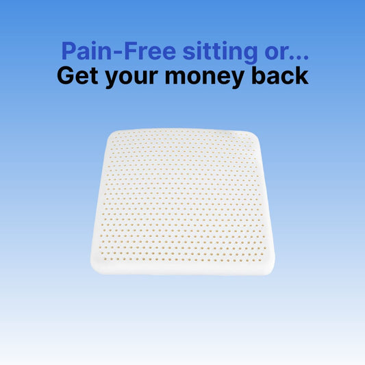 White seat cushion on a blue background with text about pain relief and money-back guarantee.