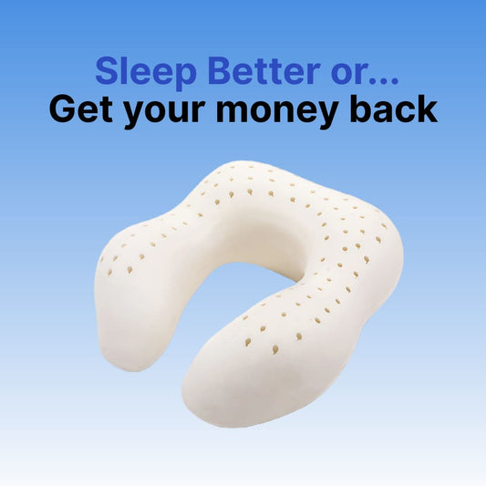 U-shaped pillow with text 'Sleep Better or... Get your money back' on a blue background