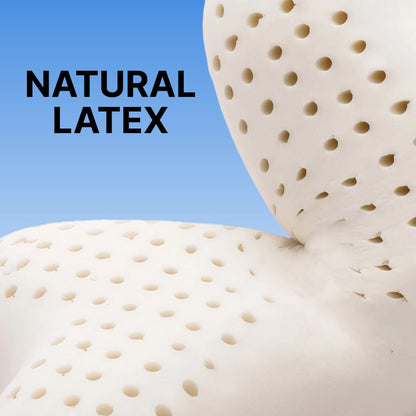 White natural latex travel neck pillow with honeycomb ventilation holes, 'NATURAL LATEX' text