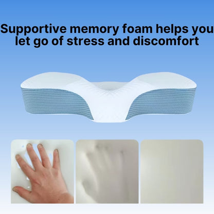 Memory foam pillow with text on a blue background