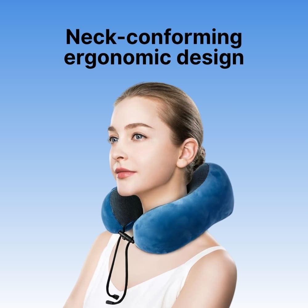 Person wearing a blue neck-conforming ergonomic design pillow against a blue background