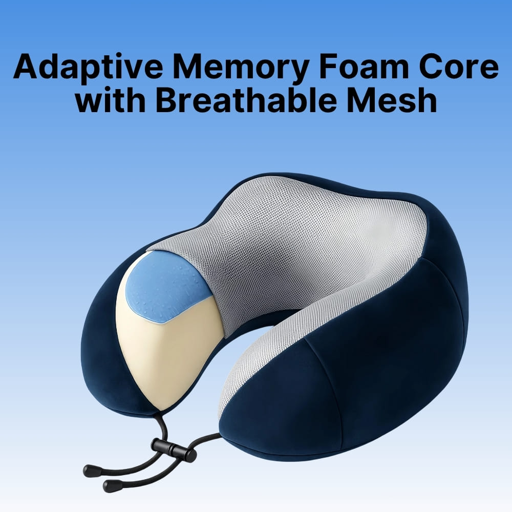Navy blue, beige, and gray neck pillow with text 'Adaptive Memory Foam Core with Breathable Mesh' on a light blue background