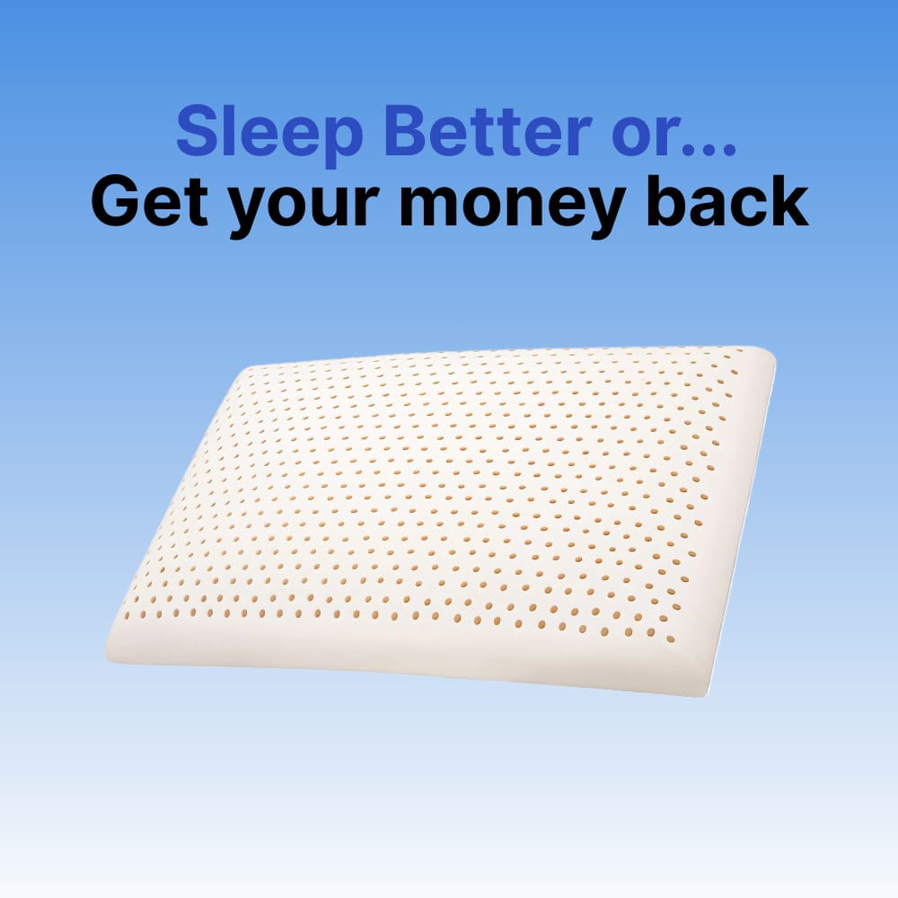 Memory foam pillow with text 'Sleep Better or... Get your money back' on a blue background
