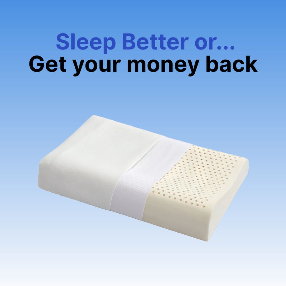 Memory foam pillow with text 'Sleep Better or... Get your money back' on a blue background